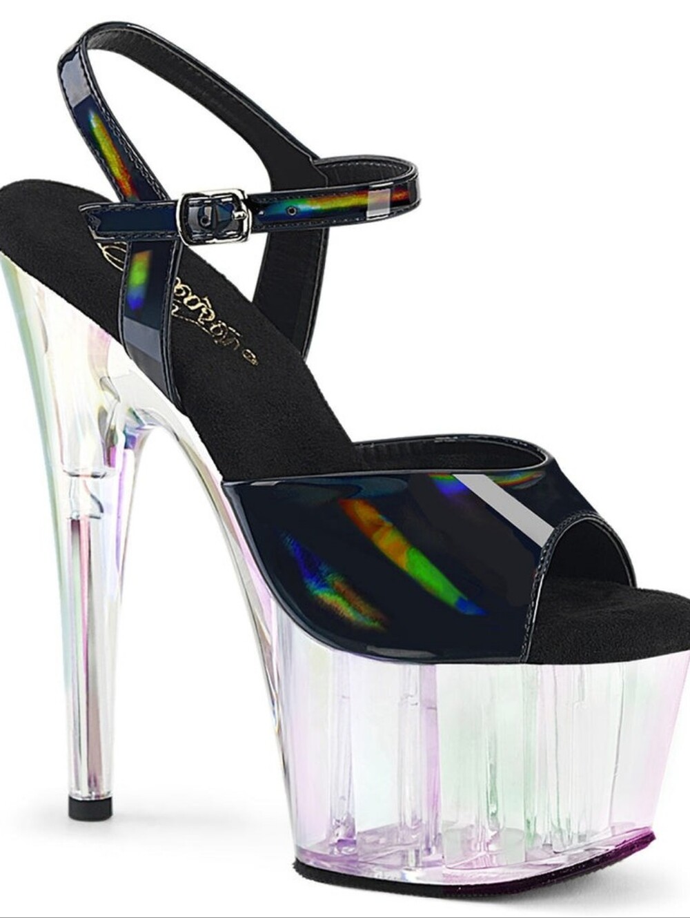 Pleaser Black Holographic Platform Sandal with Clear Heel - Women